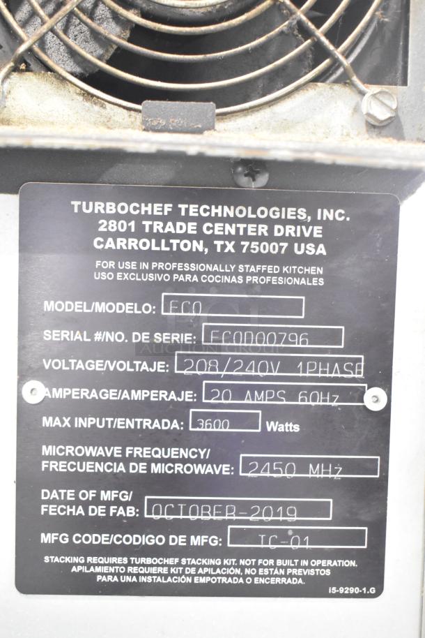2019 Turbochef ECO commercial rapid cook oven, stainless steel, 208/240V, 1-phase, model ECO, serial FC0000796, made October 2019.