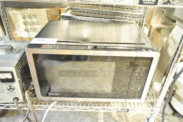 Magic Chef MC110MST metal countertop microwave oven with digital controls and glass front, 120 Volts, 1 Phase. Includes plate.