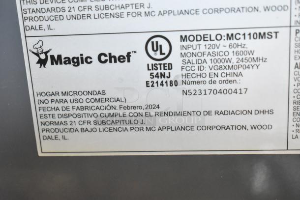 Magic Chef MC110MST metal countertop microwave oven label, 120V, 1600W, UL listed, manufactured February 2024, made in China.
