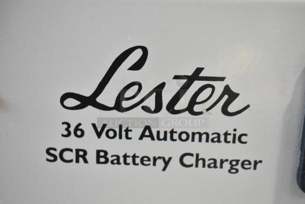 Lester 36 Volt Automatic SCR Battery Charger label, features automatic charging, durable design, used for various batteries.