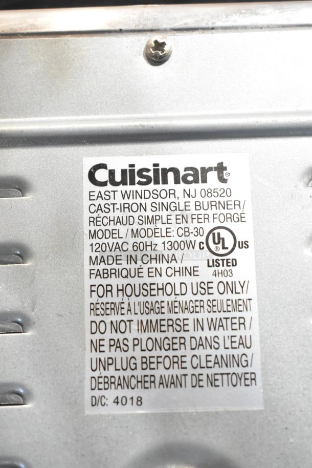 Cuisinart CB-30 countertop single burner range label, 120V, 1300W, made in China, UL listed, not for immersion, household use.