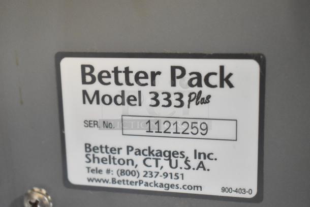Better Packages 333 Plus manual water-activated tape dispenser label, showing model number 333 Plus and serial number 1121259.