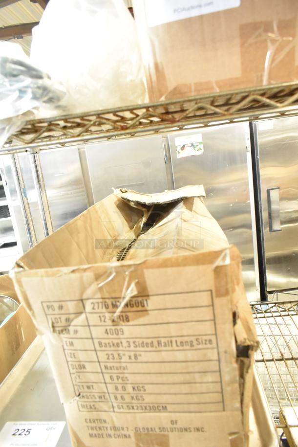 Cardboard box labeled "Basket 3 Sided Half Long Size." Contains new items, size 23.5"x8", natural color. Made in China.