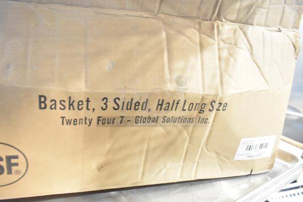 Box of brand new 3-sided half long size baskets from Global Solutions Inc. Visible label with product name and manufacturer.