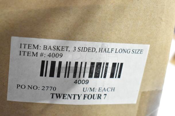 Box labeled "Basket, 3 Sided, Half Long Size." Item #4009, PO #2770, marked "TWENTY FOUR 7." Brand new condition.