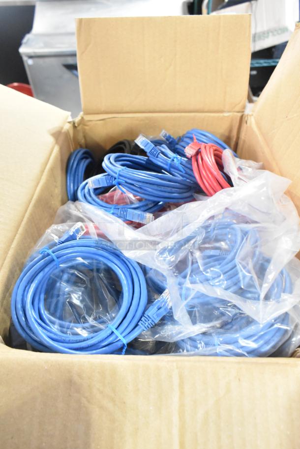 Box of assorted cables, including blue and red Ethernet cables, coiled and bagged, with visible connectors.