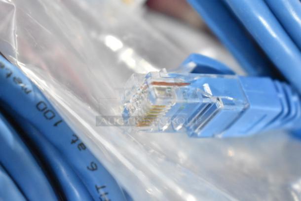 Close-up of a blue Ethernet cable with a clear connector. Text on the cable indicates it's Cat 6. Part of a mixed auction lot.