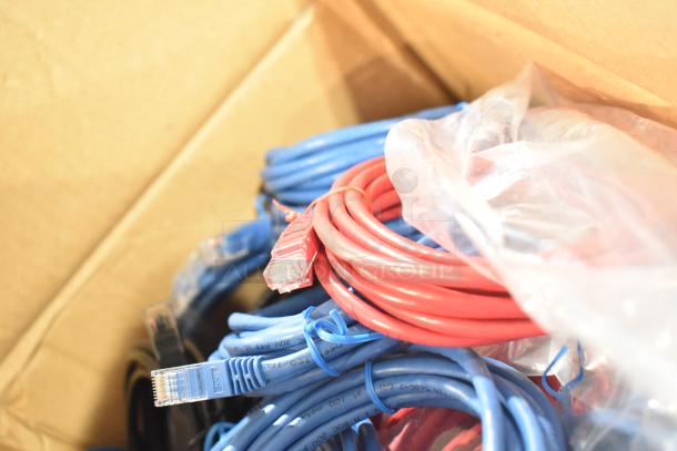 Box of various items including red and blue Ethernet cables, Rubbermaid amber bins, and brackets. Cables coiled and bundled.