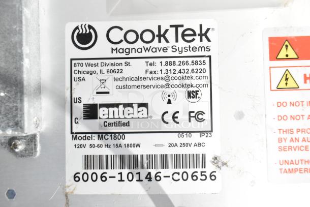 CookTek MC1800 induction range label showing branding, model, voltage, certifications, and contact details.