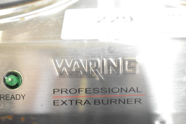 Waring WDB600 metal countertop 2 burner range, 120 volts, 1 phase. "Professional Extra Burner" marking visible.
