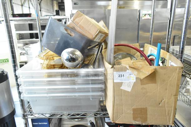 Tier lot with multiple items, including stacked poly bins, a Kay hand sanitizer, a glass lid, and miscellaneous boxes.