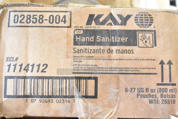 Cardboard box of Kay hand sanitizer, item code 02858-004, 800 ml pouches, 60% ethanol, ECL# 1114112.