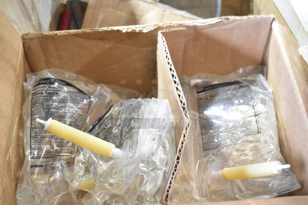 Tier lot of various items including multiple Ecolab Kay hand sanitizer bags in cardboard box. Bags include drug facts and use instructions.