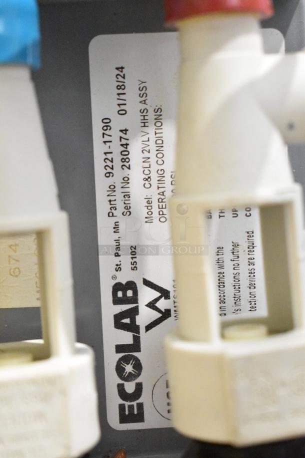 Alt text: Ecolab label showing Part No. 9221-1790, Serial No. 280474, Model: C&CLN 2VLV HHS ASSY, expiry 01/18/24.