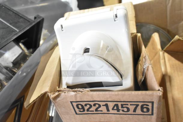 Tiered lot featuring poly bins, Kay hand sanitizer, and a glass lid. Includes boxed item labeled "92214576." Mixed conditions.