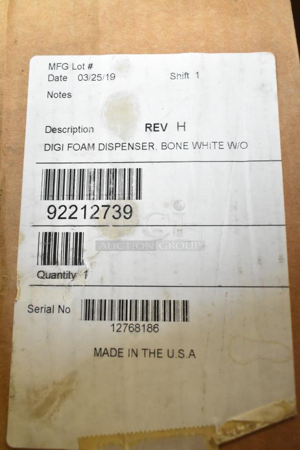 Label for a Digi Foam Dispenser, Rev H, bone white, made in the USA, MFG date 03/25/19, serial no. 12768186.