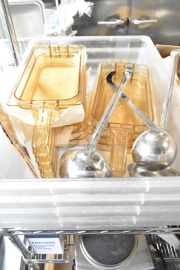 Tier lot with poly bins, glass lids, and metal ladles. Includes Kay Hand Sanitizer. Items appear in good condition.