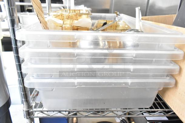 Stacked clear poly bins on a metal shelf, containing various utensils and packaging. Visible items include gold containers, spoons, and glass lids.