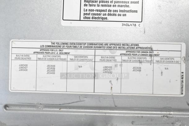 JennAir JJW2430DS01 stainless steel convection oven label indicating approved U.S. and Canada installations.