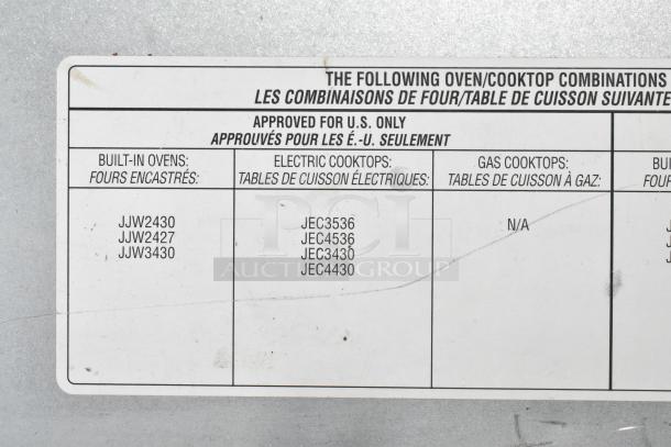 JennAir JJW2430DS01 stainless steel convection oven label; approved for U.S., electric powered, 208/240V, commercial use.
