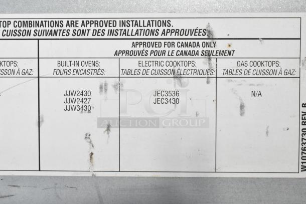 Label on JennAir JJW2430DS01 stainless steel convection oven, 208/240V. Shows approved installations for built-in ovens and cooktops.