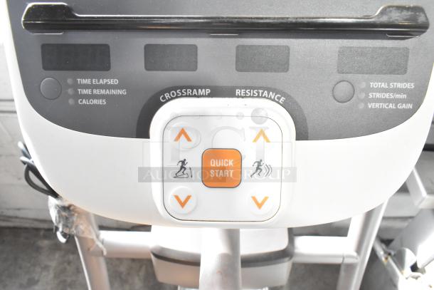 Precor floor style elliptical control panel, features quick start, cross-ramp, and resistance settings; 120 volts, 1 phase.