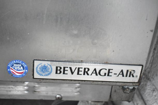 Beverage Air SPE48-18M stainless steel sandwich prep table, featuring "Made in USA" label, in used condition.