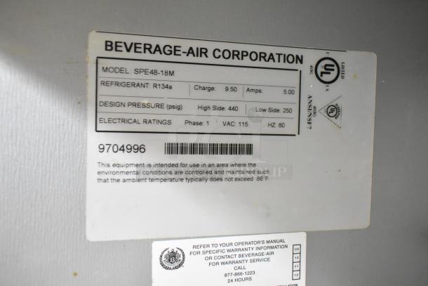 Beverage Air SPE48-18M commercial prep table label showing model, refrigerant R134a, and electrical ratings.