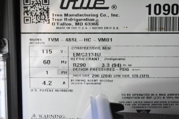 2024 True TVM-48SL-HC 2 Door Reach In Cooler Merchandiser, 115V, 1 Phase, model label showing specifications.