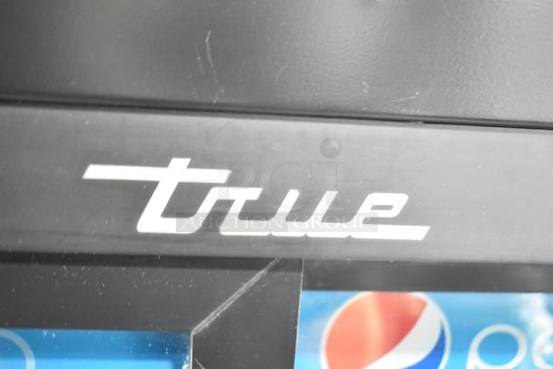 True GDM41SL48-HC-LD cooler, features 2 doors, poly-coated racks, black exterior, 115V, 1 phase, logo visible.