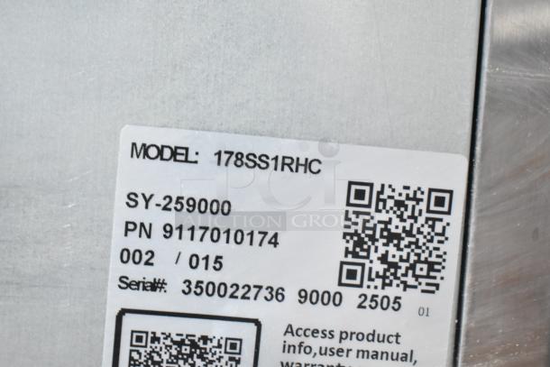 Label on 2025 Avantco 178SS1RHC Stainless Steel Commercial Cooler shows model, part, and serial numbers with QR codes.