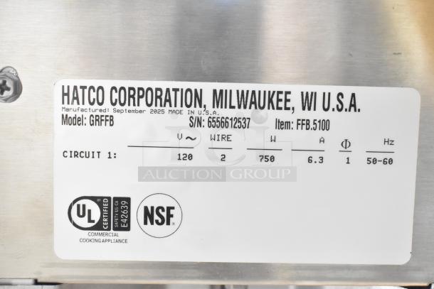 Hatco GRFFB Glo Ray food warmer label with specs: 120V, 750W, 6.3A. UL and NSF certified. Serial No. 6556612537.
