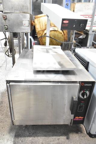 Groen HY-3E stainless steel steam cabinet, single deck, electric powered, 240V, 3 phase, with visible control panel.