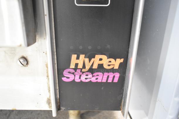 Groen HY-3E stainless steel electric steam cabinet. "HyPer Steam" label visible. 240V, 3-phase. Suitable for commercial use.