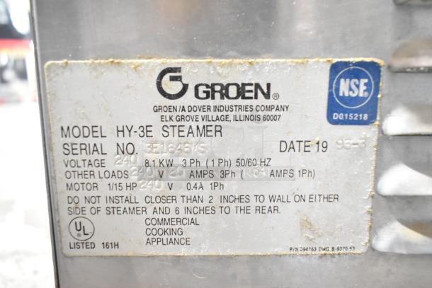 Groen HY-3E steam cabinet label showing model, serial number, voltage, power specs, NSF and UL certifications.