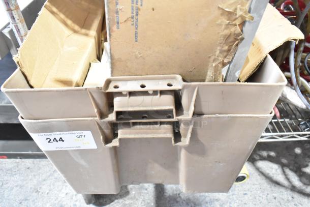 ALL ONE MONEY! tier lot container with kegerator hoses, couplers, and cardboard. Auction tag: "244 QTY LOT."