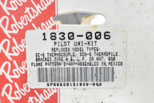 Robertshaw Pilot Uni-Kit package featuring model 1830-006. Replaces 3C-6 thermocouple, 3CH-6 thermopile. Assembled in Mexico.