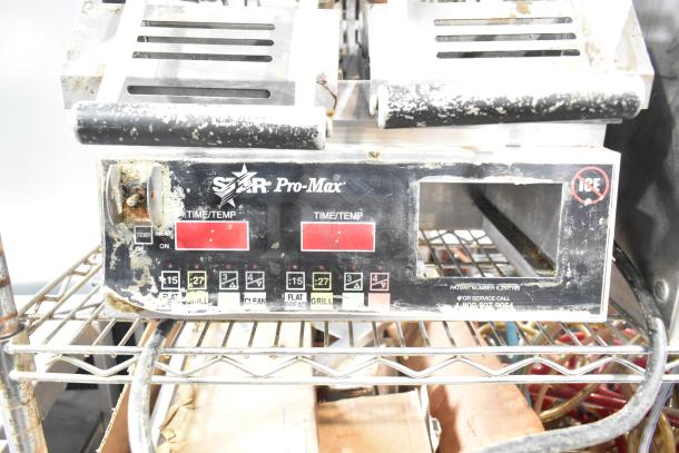Star Pro Max Double Panini Press, stainless steel, commercial countertop model, visible wear, intact controls and labels.