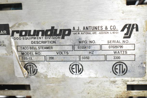 Roundup TBS-1X Stainless Steel Taco Bell Food Steamer, 208V, 1 Phase, Model TBS-1X, ETL listed, commercial use.