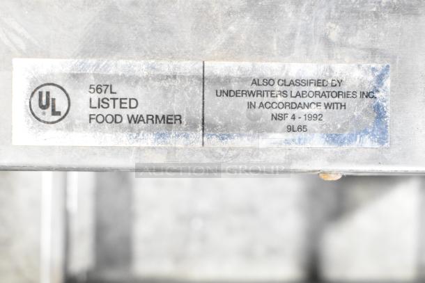 Stainless steel commercial countertop 2-tier warmer with UL listing label. 115 volts, 1 phase. NSF 4-1992 compliant.