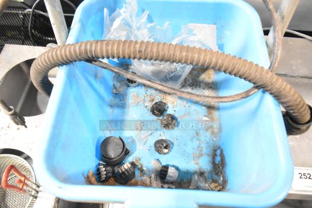 Robby VS3000 Metal Commercial Dry Steam Cleaner, 115 Volts, 1 Phase, worn brushes in blue container, used condition.