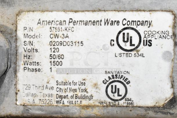 American Permanent Ware CW-3A Stainless Steel Food Warmer label showing model, 120V, 1 phase, UL certified.