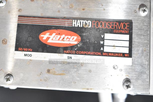 Hatco KFC-35DT metal commercial heat strip warmer, 120 volts, 1 phase, with a label showing model and serial number.