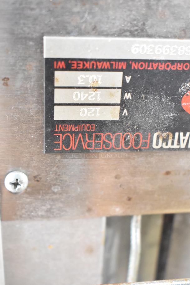 Hatco KFC-35DT metal commercial heat strip warmer label, showing model, 120V, 1 phase, and specifications.