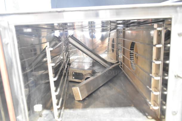Groen HY-3E HyPer Steam stainless steel electric steam cabinet interior, showing racks and components, 208V, 3-phase.