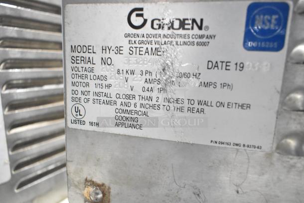 Groen HY-3E HyPer Steam stainless steel steam cabinet, 208V, 3 Phase, commercial-grade. Visible model label details specs.