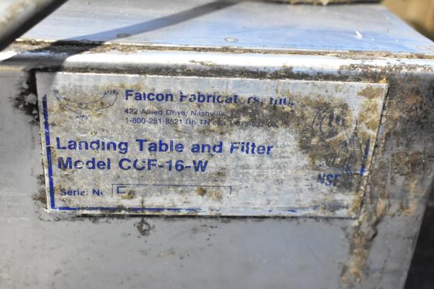 CCF-16-W metal commercial shortening filter machine with visible manufacturer's label showing model and contact details, mounted on casters. Used condition.