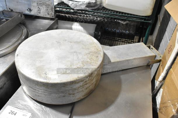 Stainless steel commercial pressure deep fat fryer, well-used condition, visible wear and markings, includes lid and fittings.