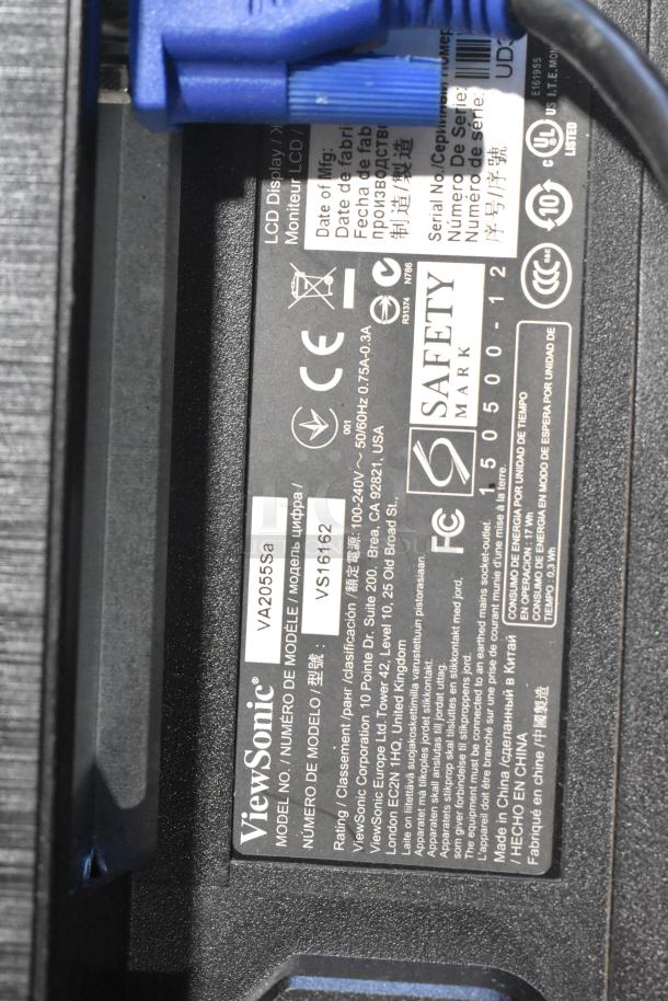 Close-up of ViewSonic model VA2055Sa monitor label, showing model number VS16162 and certification markings.