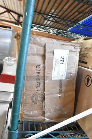 Box of Carlisle 521254 Stackable 12 oz. Blue SAN Plastic Tumblers, 72/Case. Box shows shipping wear, marked "271 Qty" and auction site label.